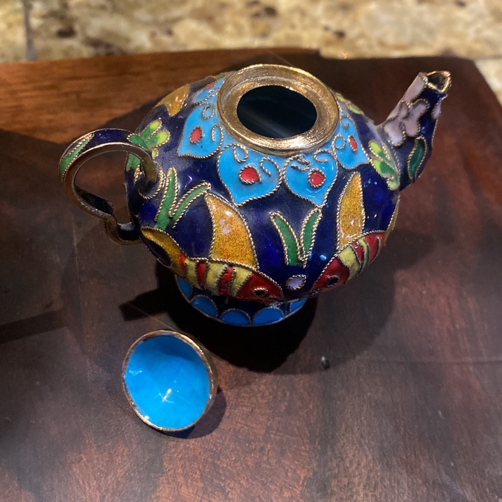 2.5" cloisonné teapot w/ removable lid (functional) enamel and copper - Picture 3 of 6